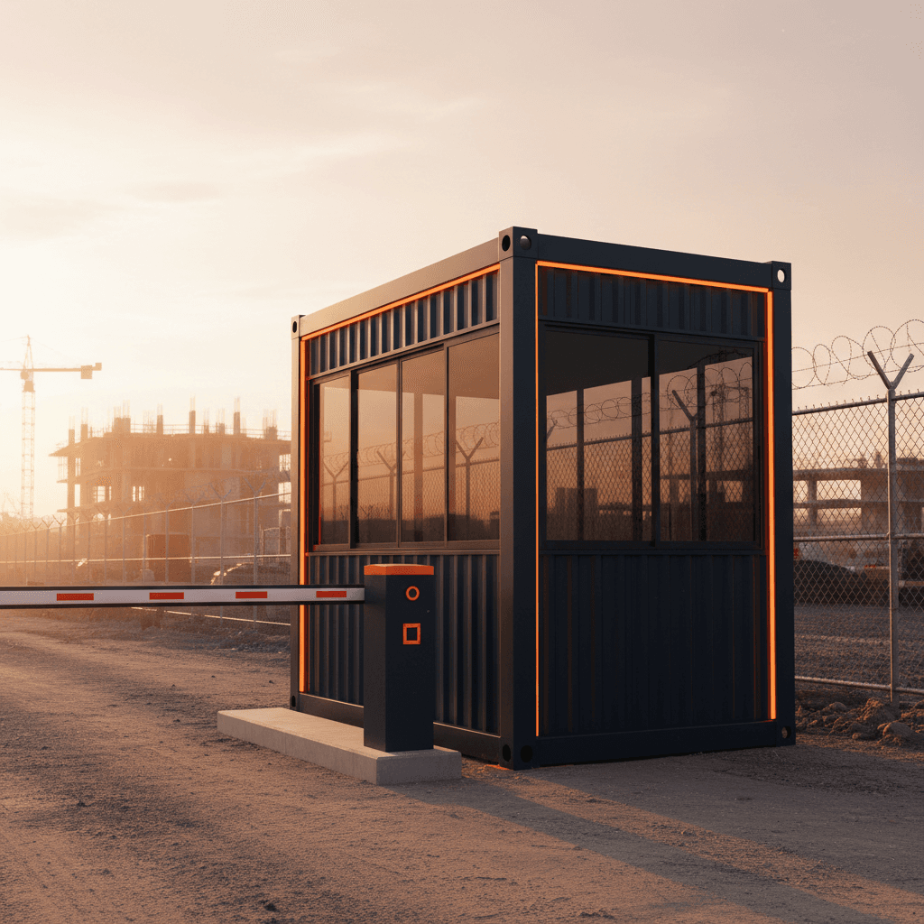 Prefabricated welded-steel guard shack set at a facility entrance
