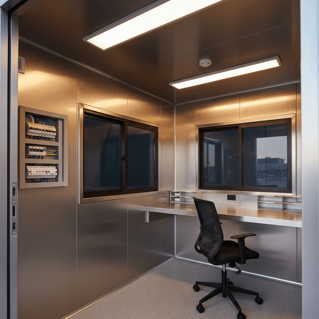 Interior of a prefab guard shack showing factory-installed electrical panel and sliding windows